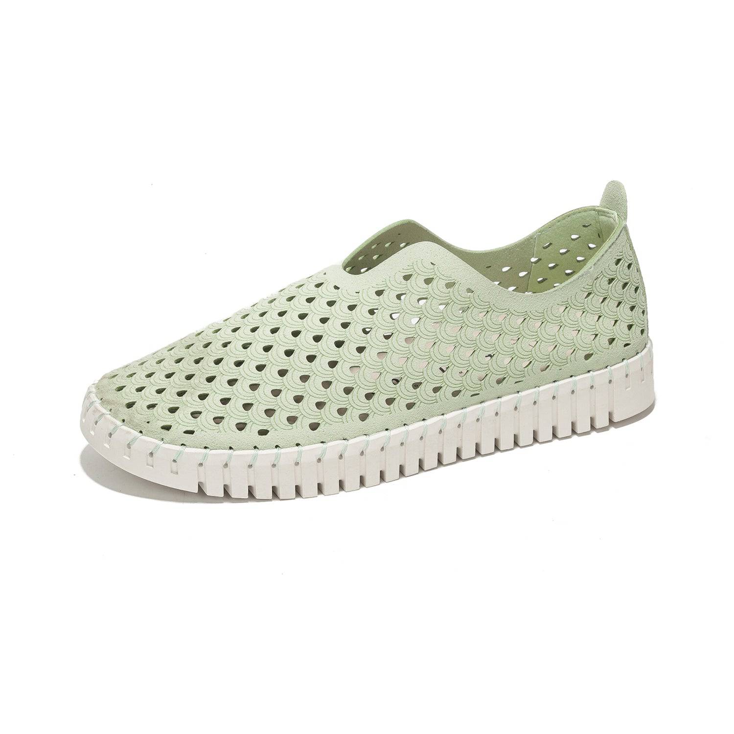Women's pastel green Lily loafers with laser-cut design for breathability, memory foam insole for comfort.