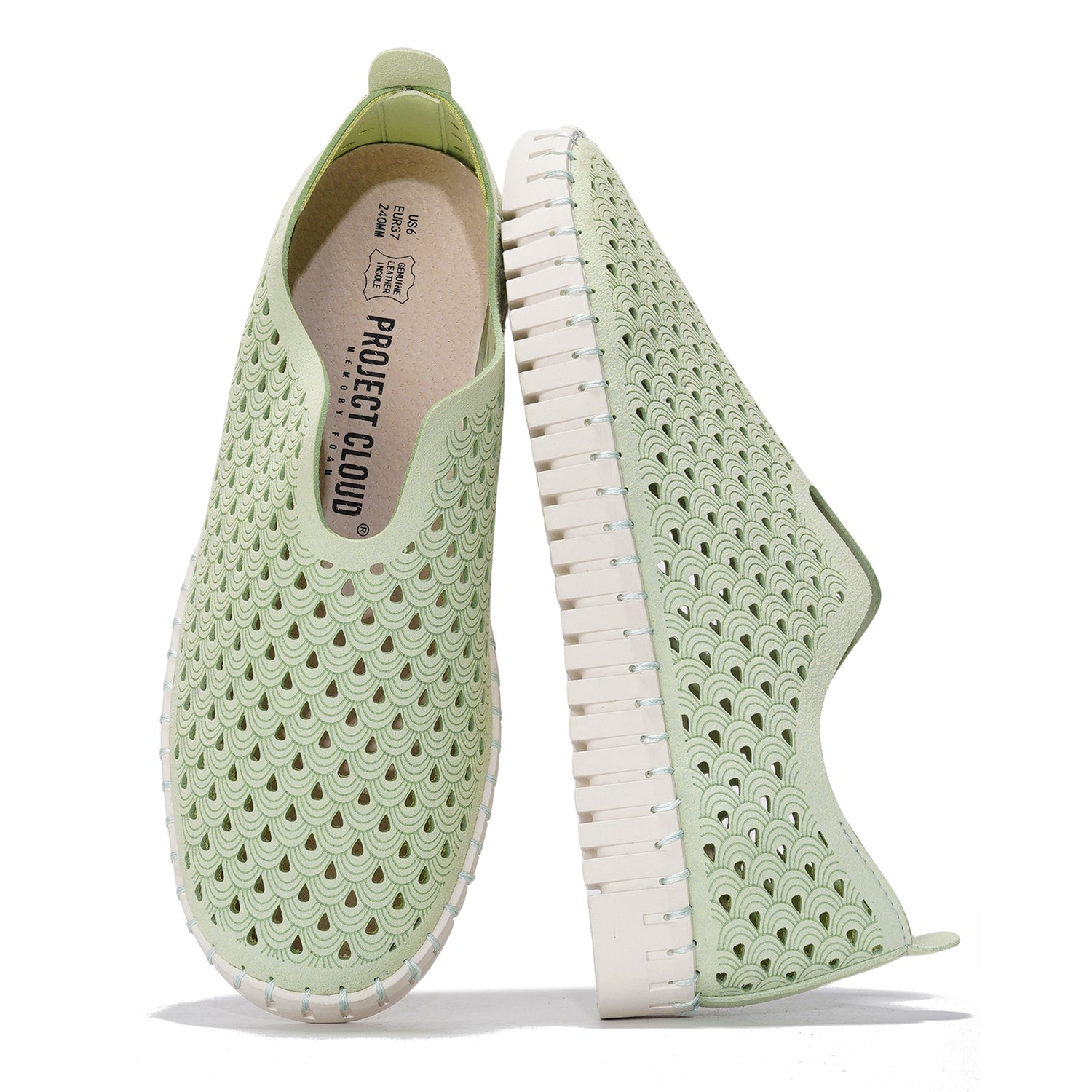 Women's Project Cloud Lily loafers: pastel green, laser-cut design, leather insole, memory foam.
