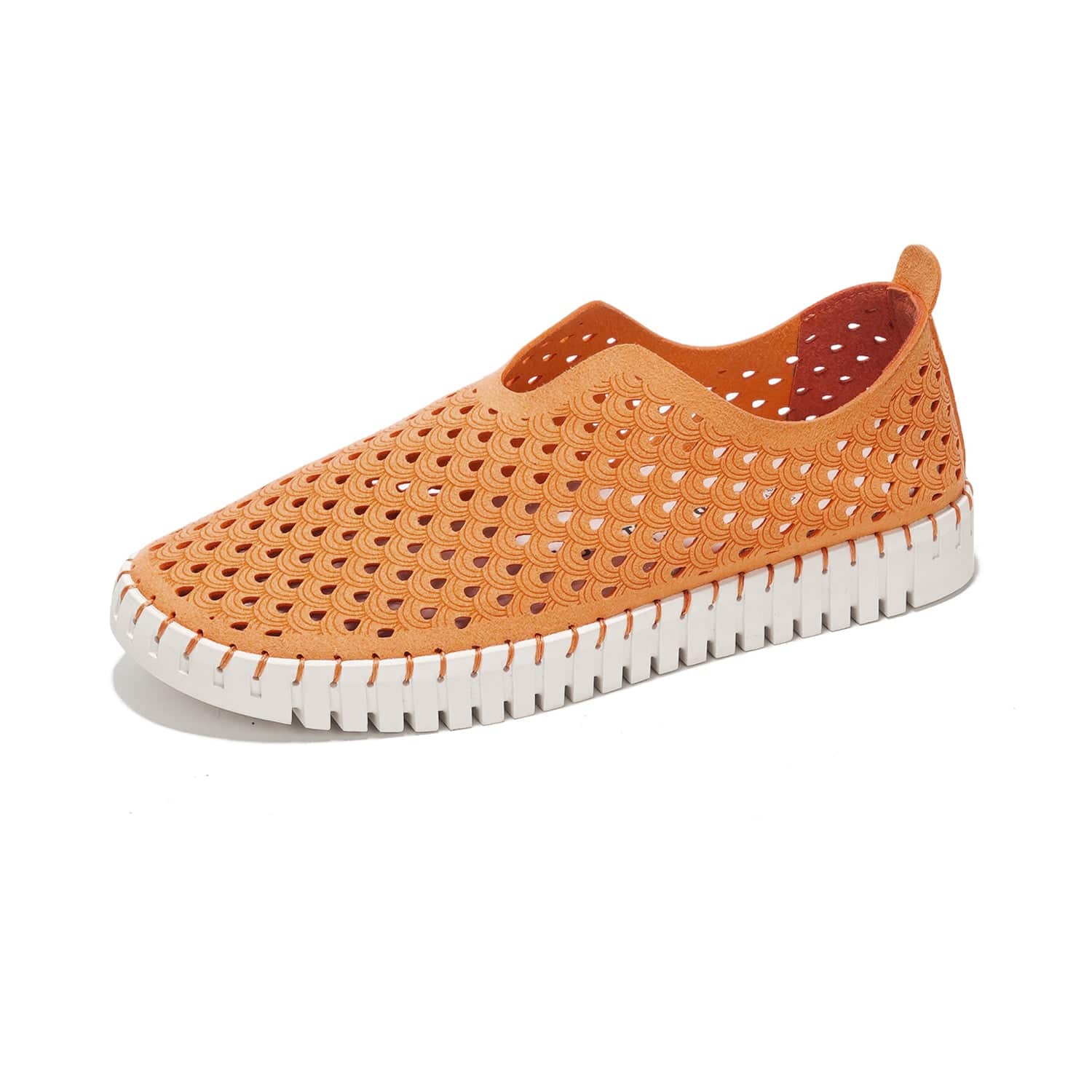 Orange laser-cut women's Lily loafers, leather insole, memory foam, slip-on design, perfect travel shoes