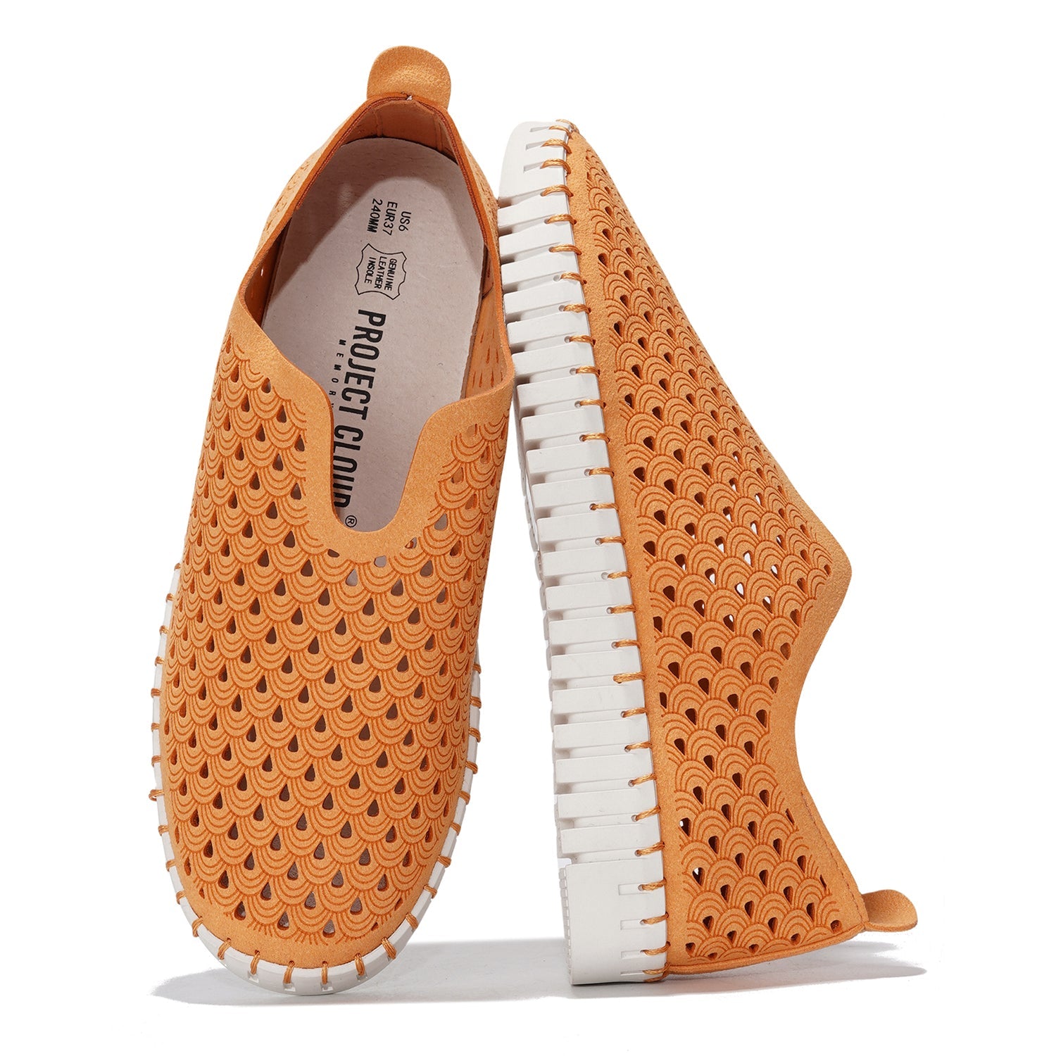 Project Cloud orange Lily loafers for women, laser-cut design, leather insole, slip-on shoes, memory foam