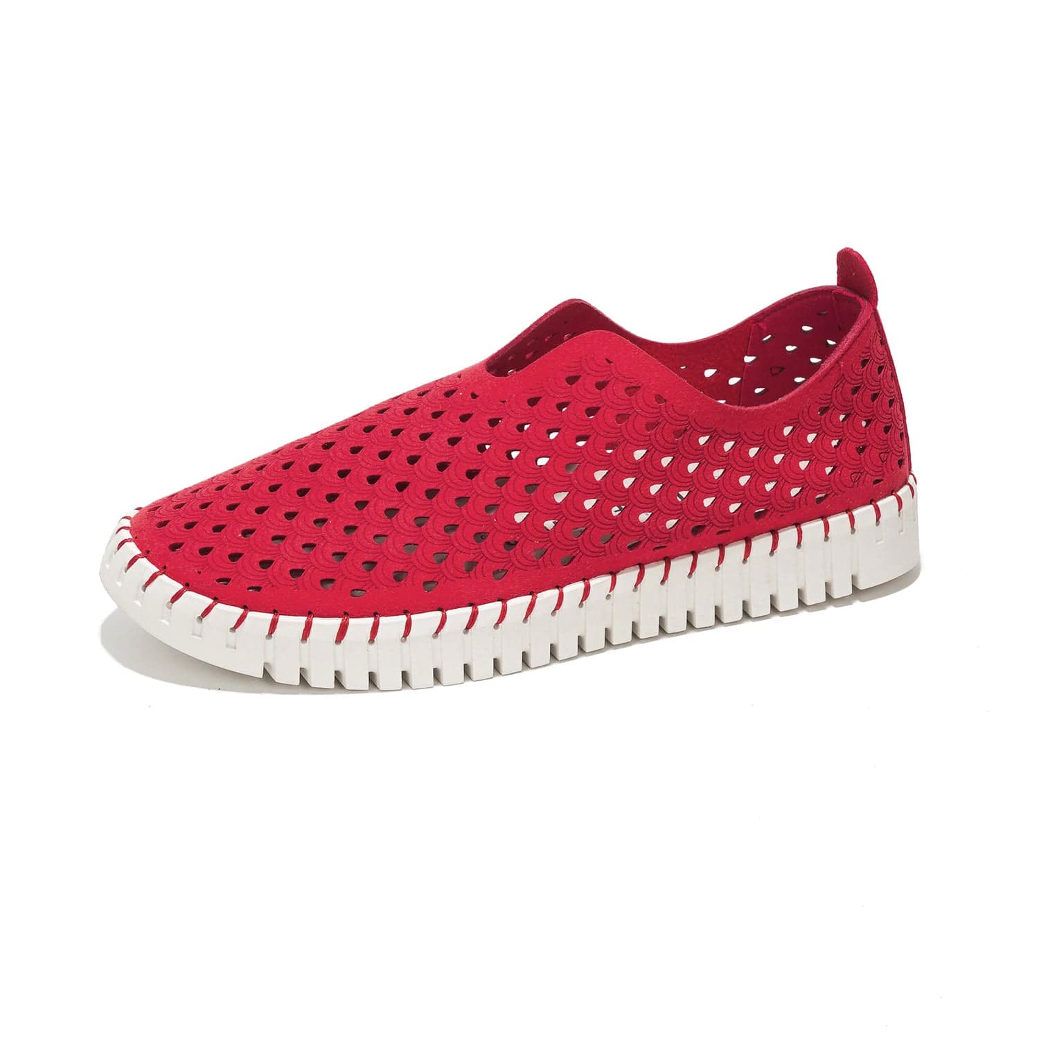 Women's red Lily loafers with laser-cut design and white sole, perfect for comfort and travel, slip-on shoes