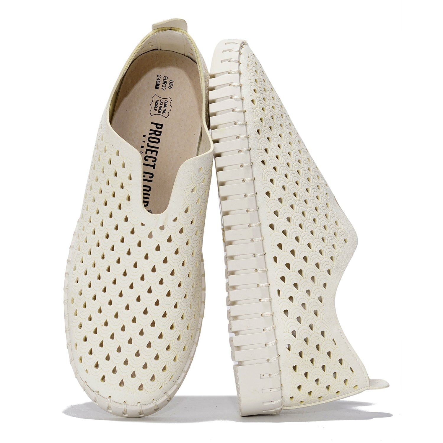 Project Cloud Lily loafers: cream, laser-cut, leather insole, memory foam, slip-on shoes.