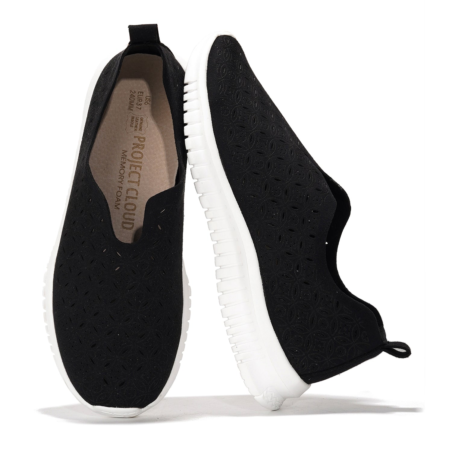 Black Lily loafers for women, laser-cut design, memory foam, slip-on shoes. Project Cloud.