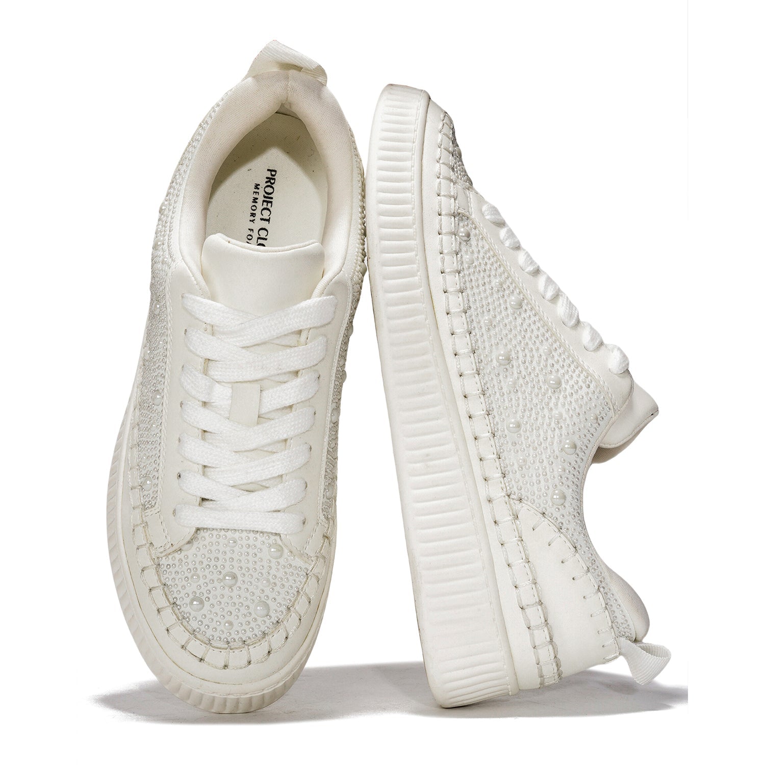 Project Cloud Lona White Sneakers with Rhinestone Detail, Memory Foam Women's Fashion Sneakers