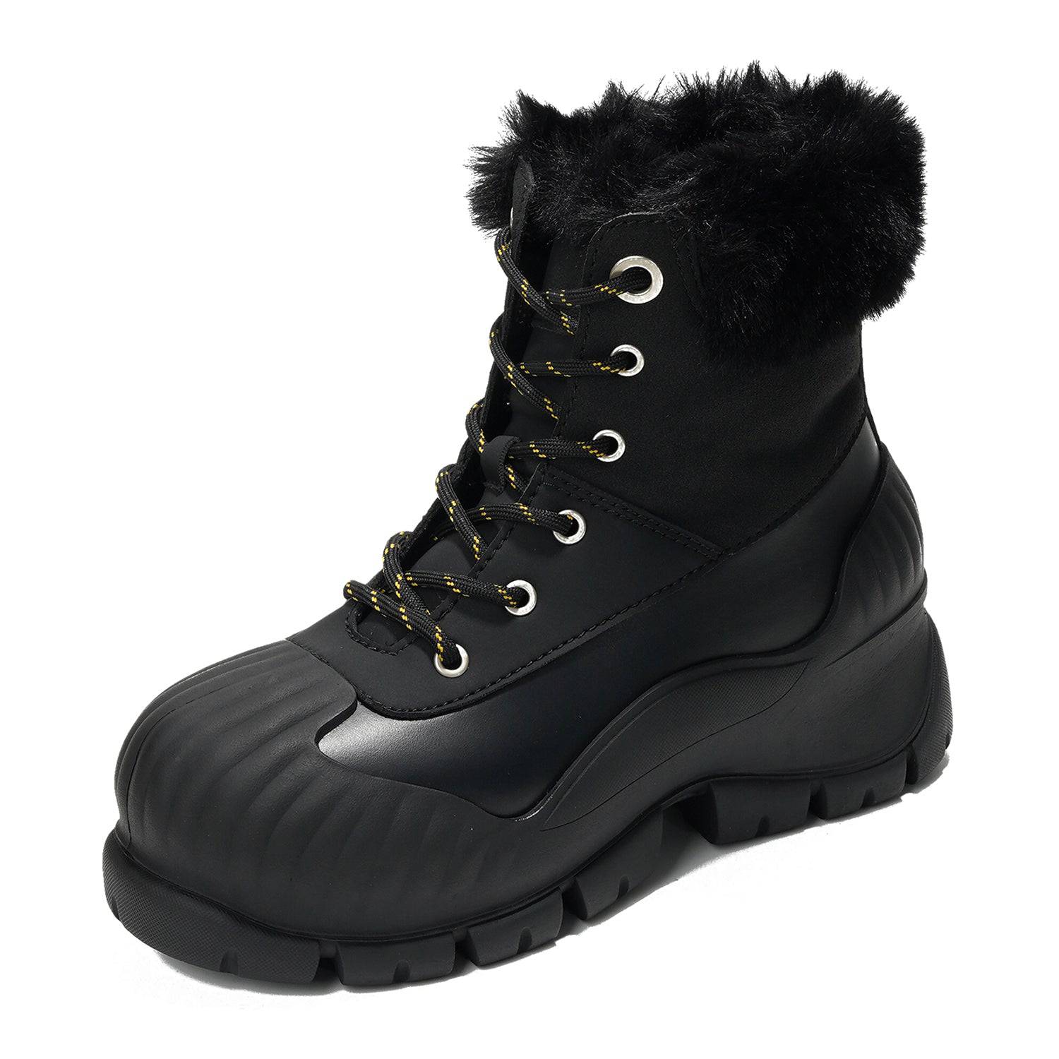 Project Cloud Lydia Winter Boots in black. Waterproof design with faux fur trim, lace-up detail, and non-slip sole.