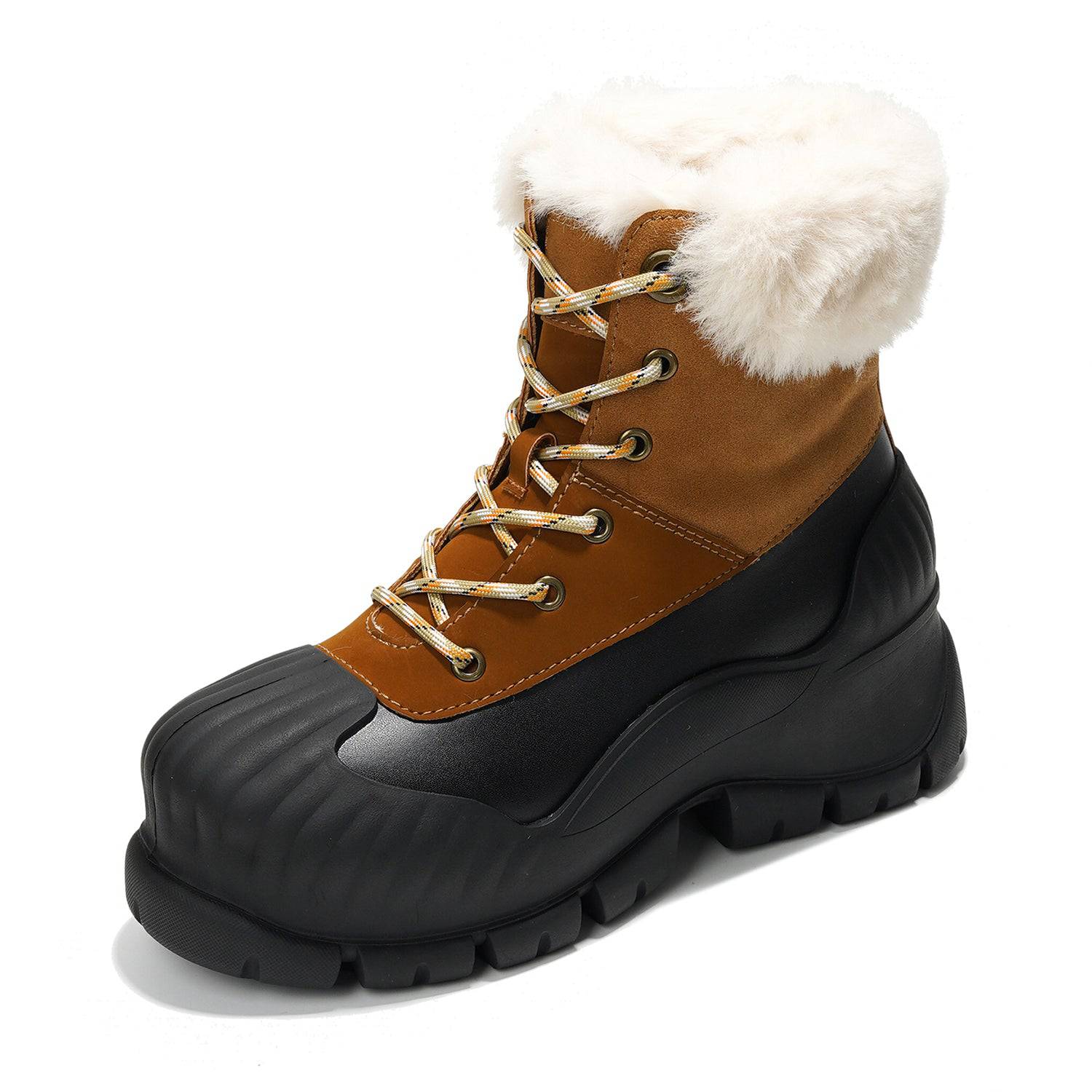 Project Cloud Lydia Winter Boots in brown and black with faux fur trim, waterproof design, and non-slip sole.