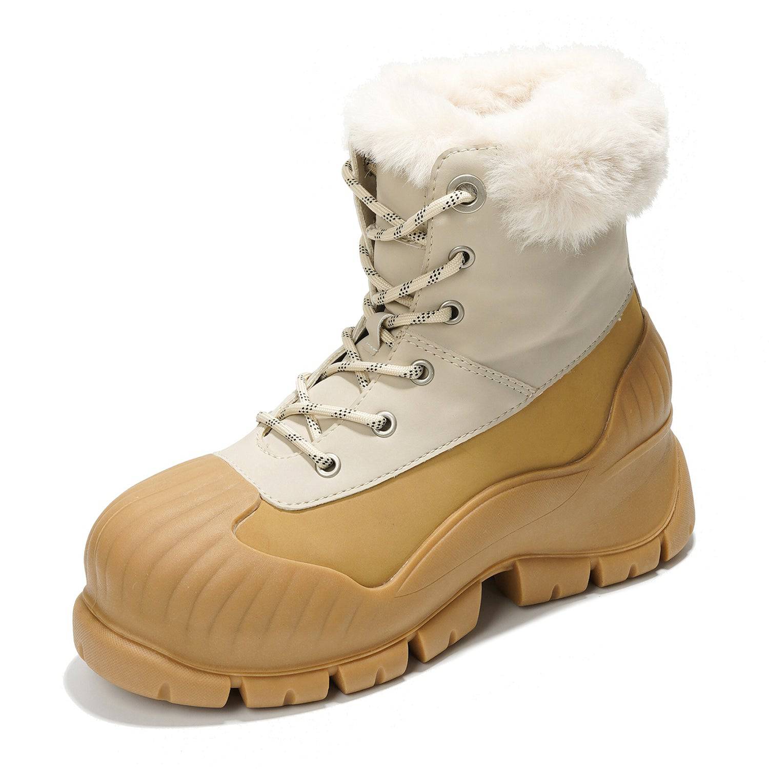 Project Cloud Lydia Winter Boots in beige and tan with faux fur trim, lace-up design, and waterproof construction