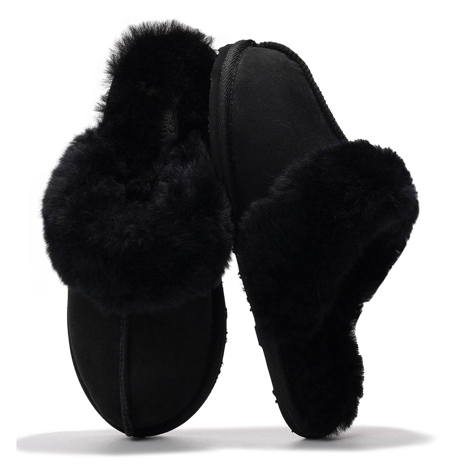 Project Cloud Lynsey Slippers in Black: Sheepskin fur lined with memory foam for ultimate comfort.