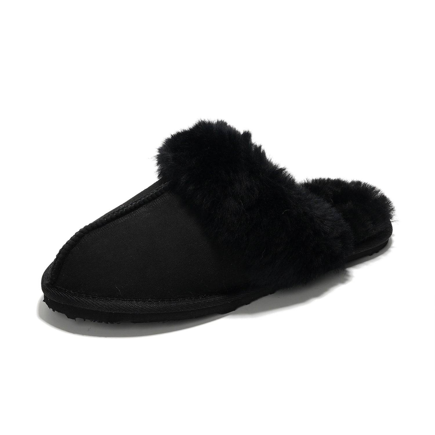 Project Cloud Lynsey Slippers in Black: Sheepskin fur lined with memory foam for ultimate comfort.