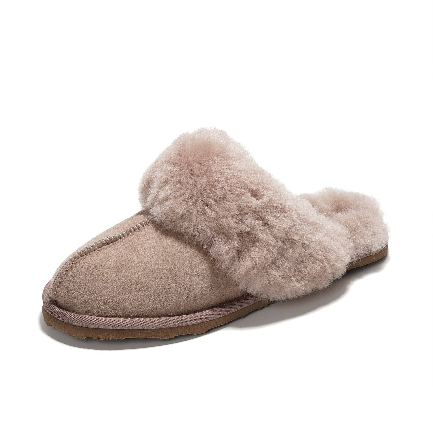 Project Cloud Lynsey Slipper in blush pink suede with sheepskin fur lining and memory foam for comfort