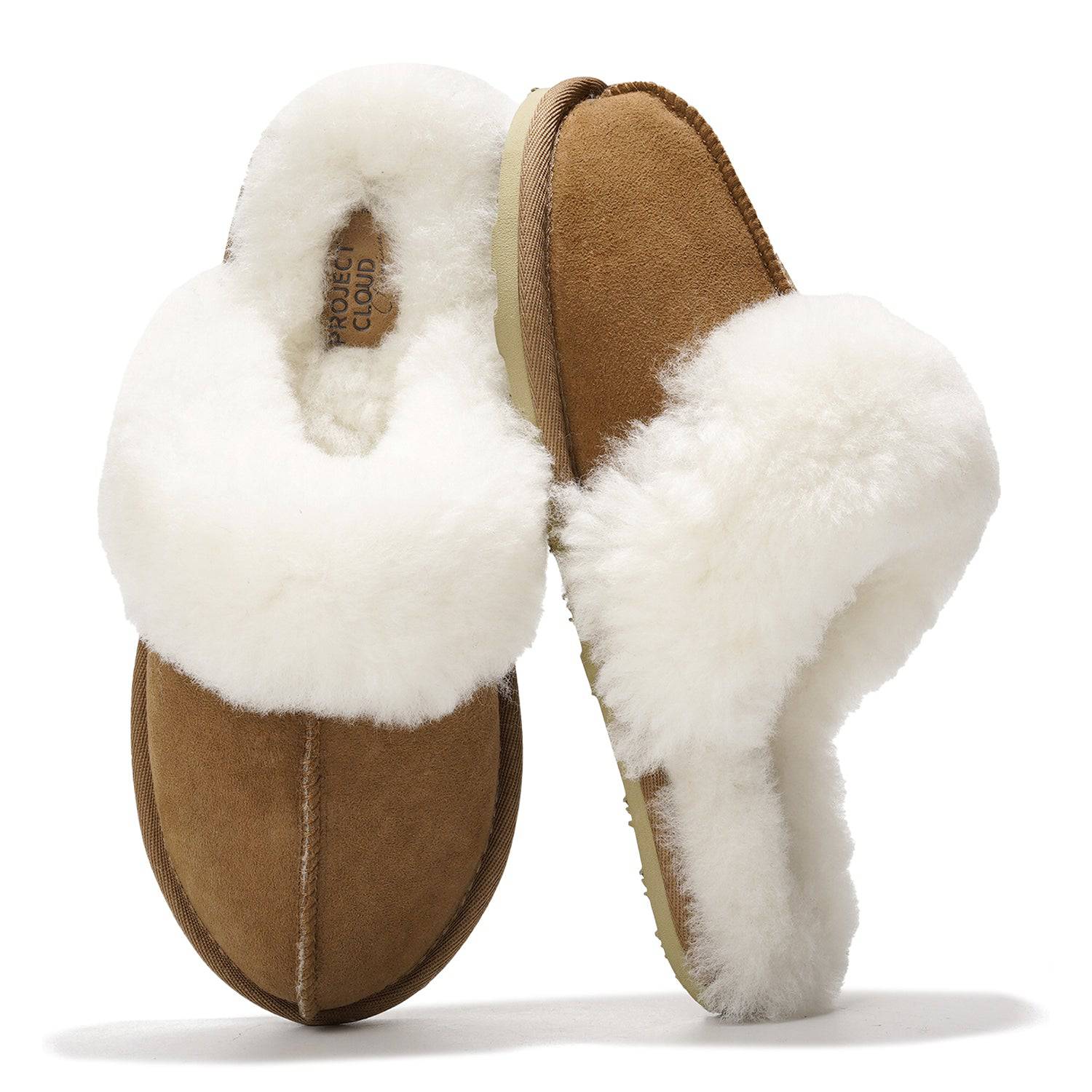Lynsey slippers by Project Cloud, brown suede with white sheepskin lining and memory foam for maximum comfort