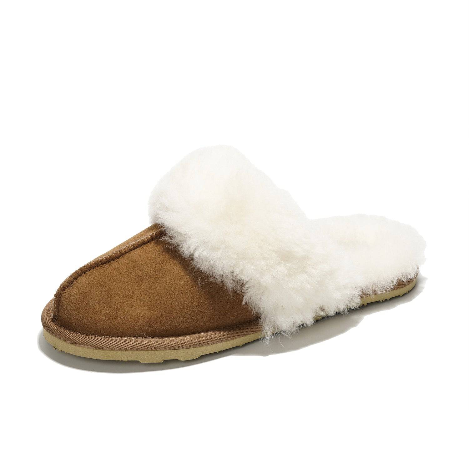 Project Cloud Lynsey slippers, brown suede with white sheepskin fur lining for comfortable wear.