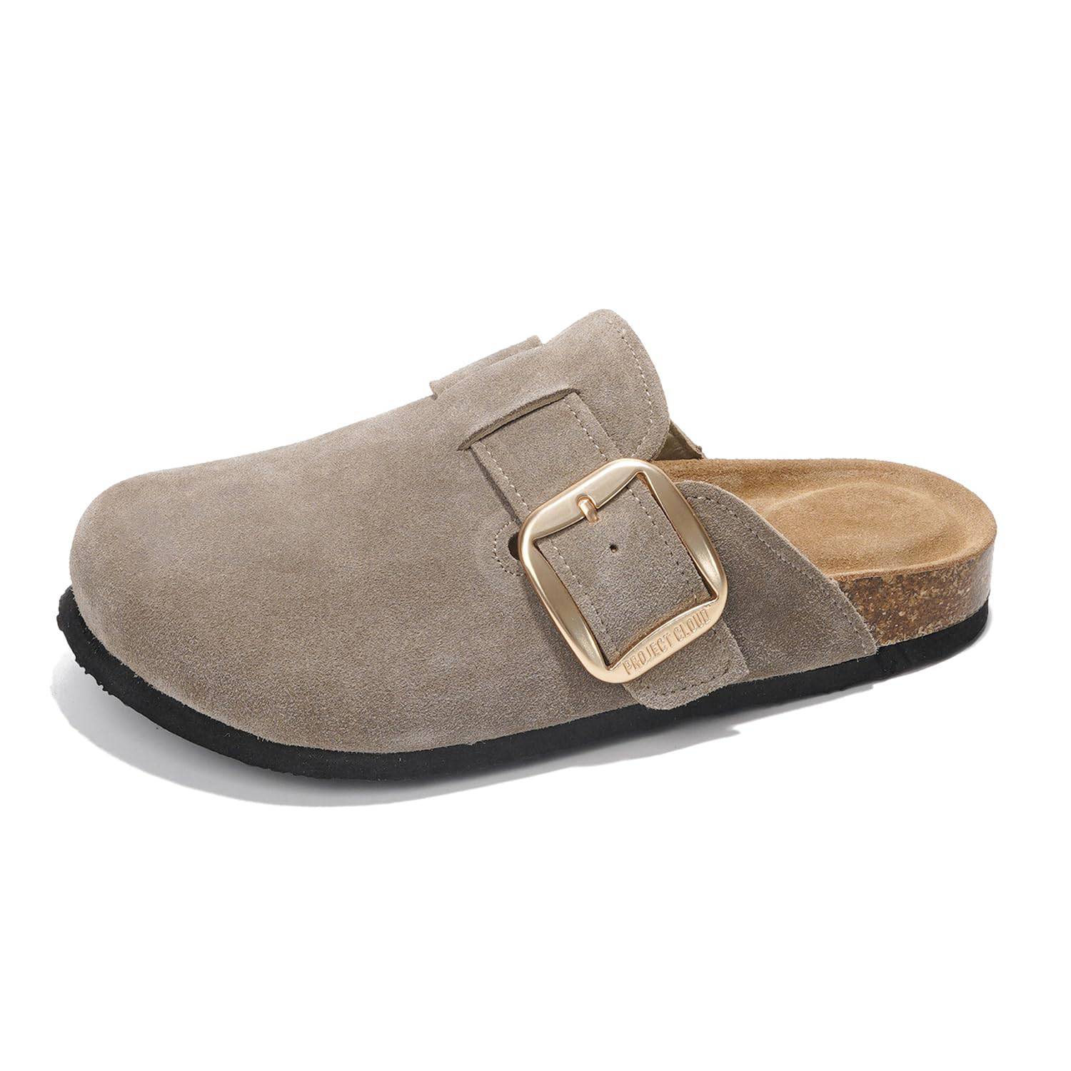 Project Cloud Manchester women's clogs in gray suede with gold buckle detail