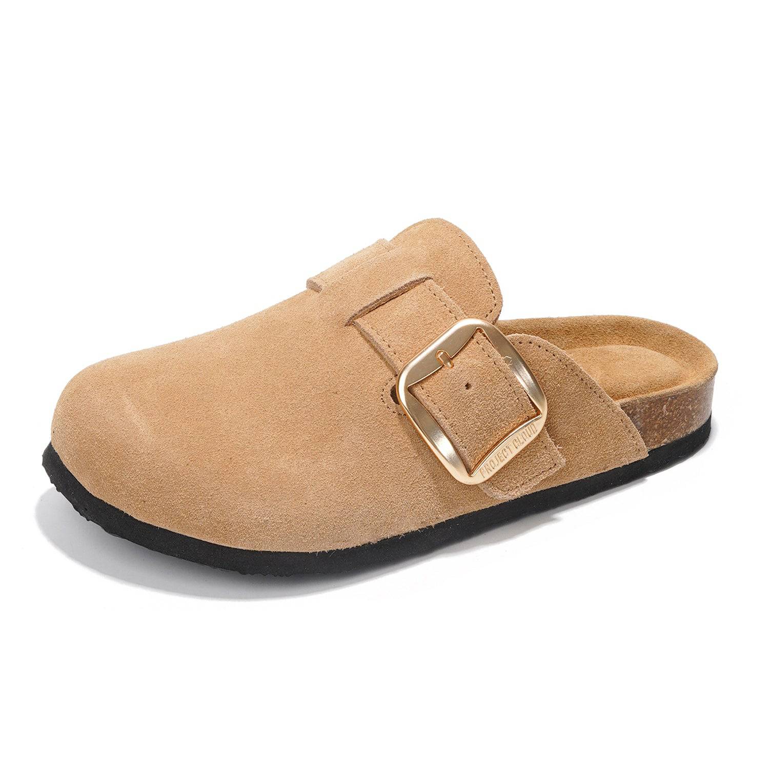 Project Cloud Manchester Clogs for Women in Tan Suede with Buckle Detail