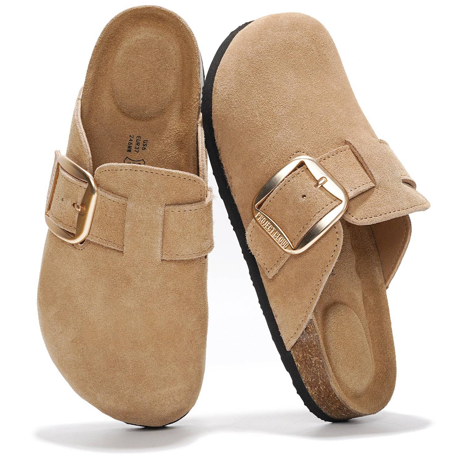 Project Cloud Manchester Clogs for Women in Suede. Featuring memory foam insole, buckle and natural rubber sole.