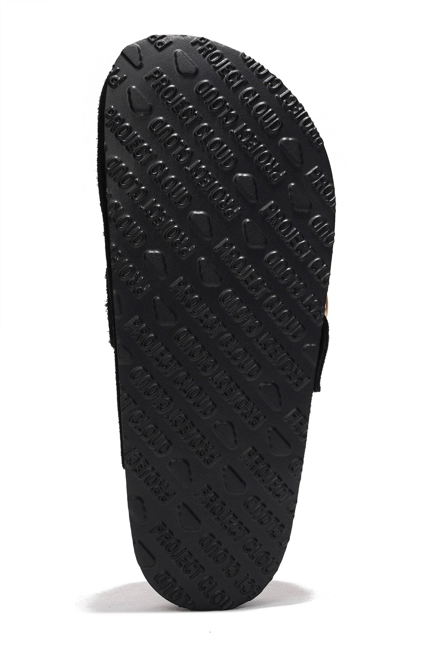 Project Cloud Manchester clog sole, anti-slip design and brand name embossed on rubber.