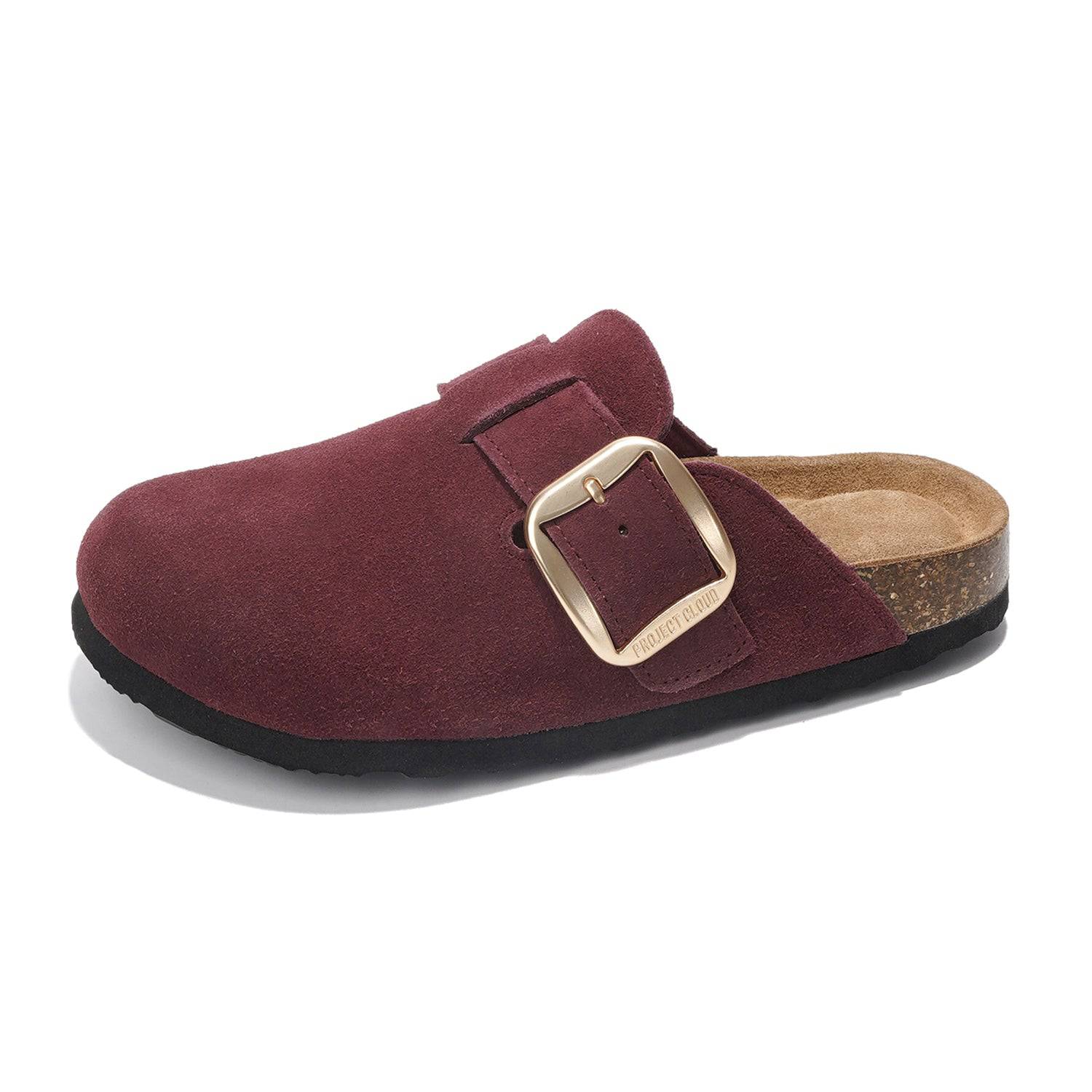 Project Cloud Manchester clogs for women in burgundy suede. Featuring buckle detail and memory foam insole.