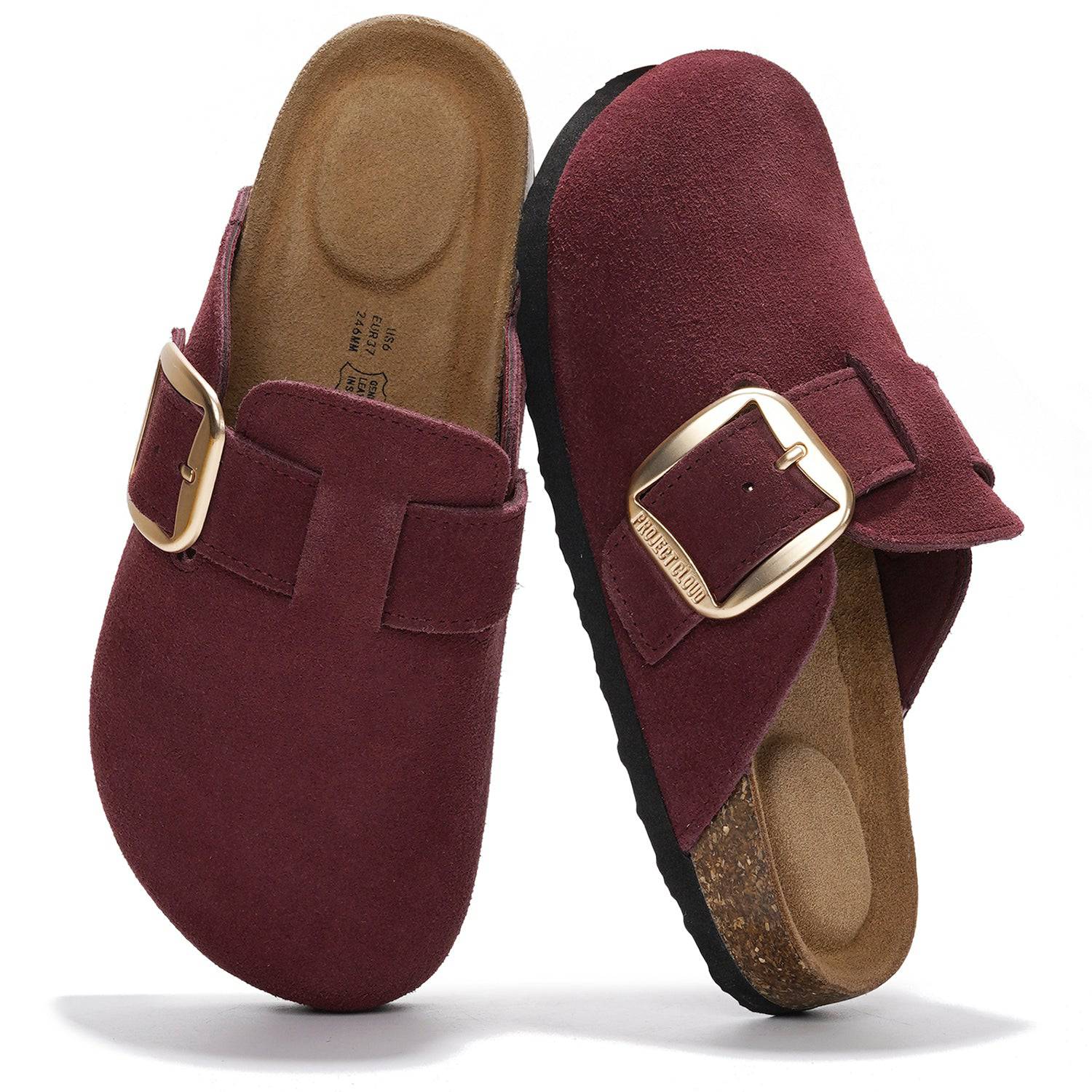 Project Cloud Manchester Clogs in Burgundy Suede with buckle detail, featuring memory foam insole and non-slip sole