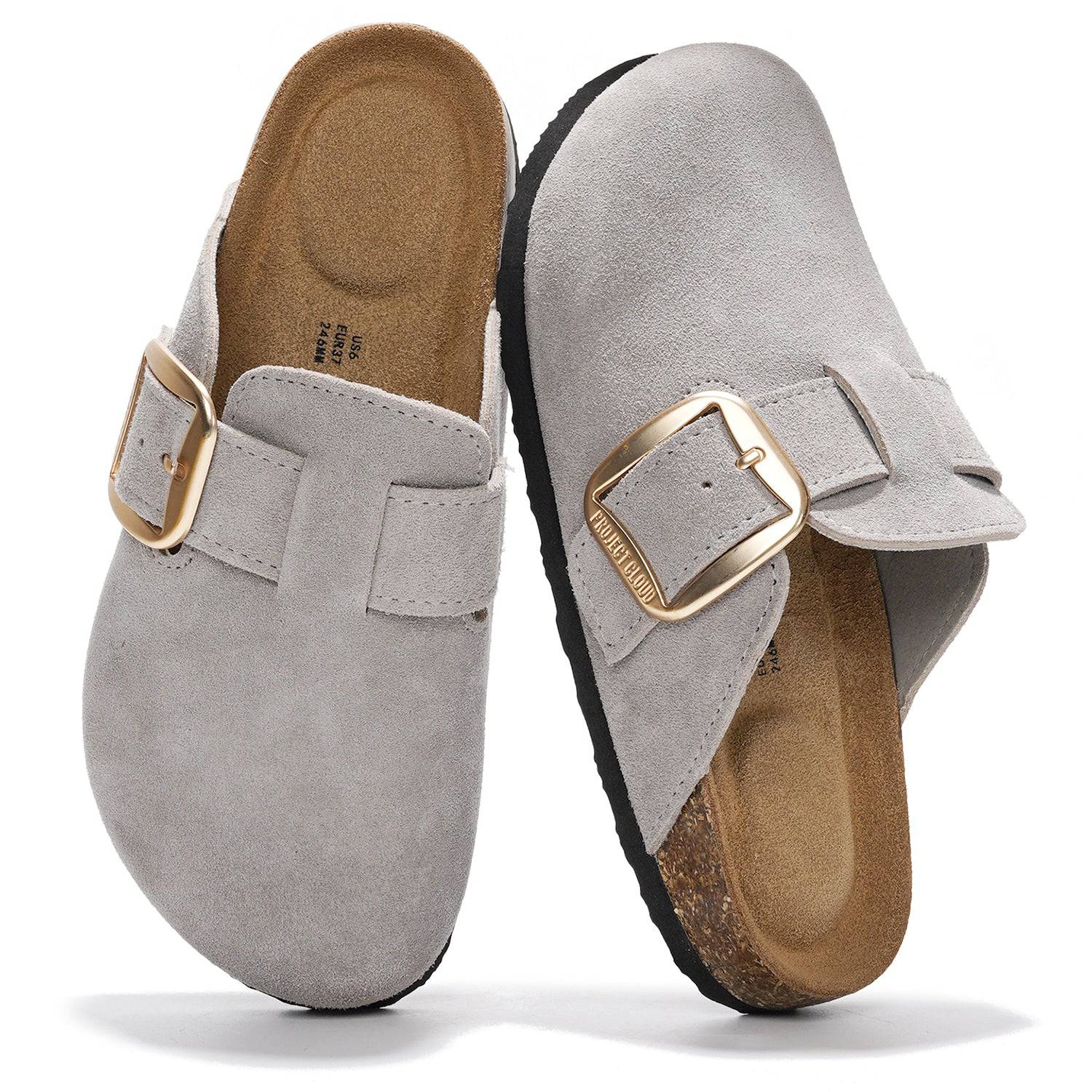 Project Cloud Manchester clogs for women in gray suede with gold buckle detail and memory foam insole