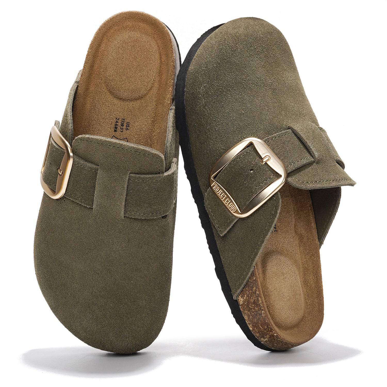 Project Cloud Manchester Clogs in olive green suede with gold buckle detail. Featuring memory foam insole.