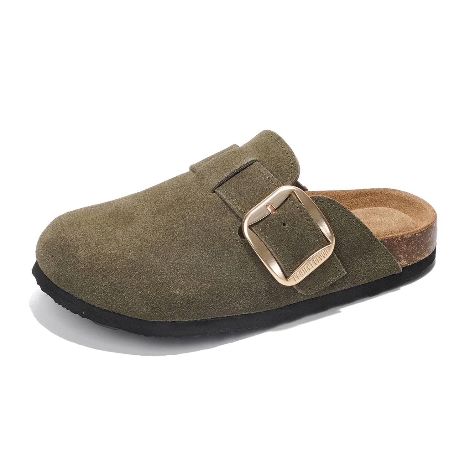 Project Cloud Manchester Clogs for Women in Olive Green Suede with Gold Buckle Detail.
