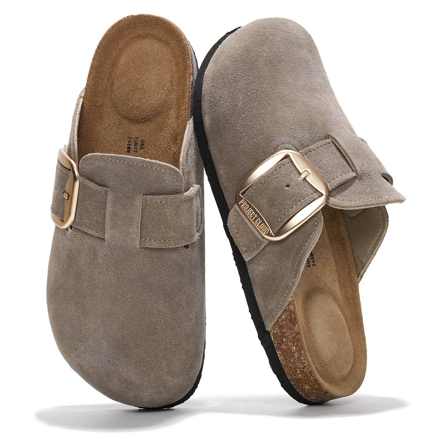Project Cloud Manchester Clogs for Women in Gray Suede with Gold Buckle