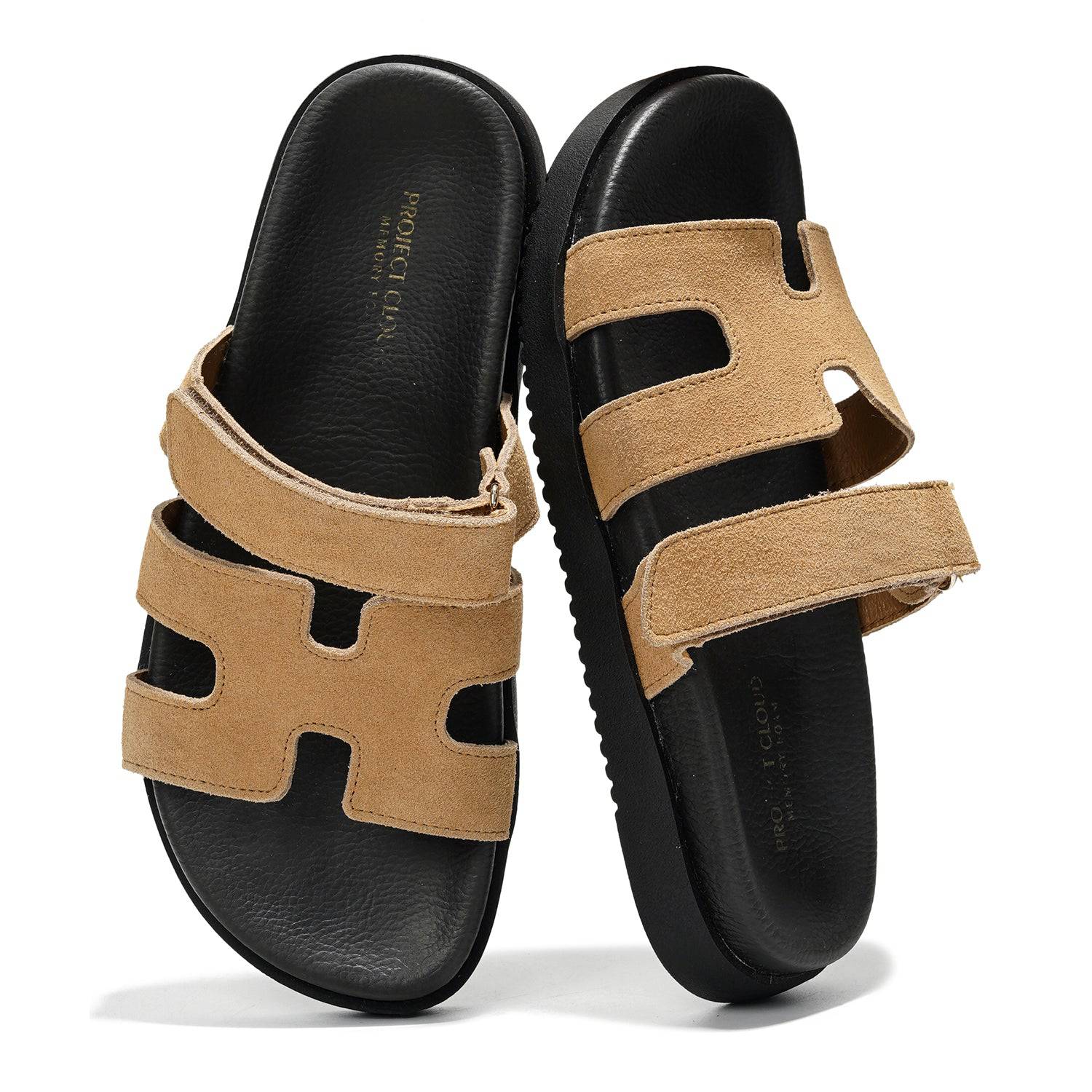 Project Cloud Mayven women's sandals in tan suede leather with memory foam, black sole