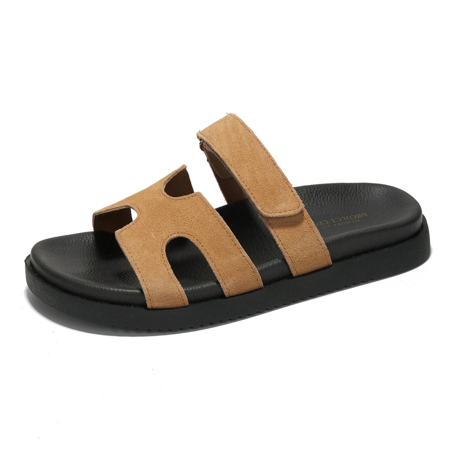 Project Cloud Mayven women's sandals in tan suede leather with black sole, adjustable straps, comfy platform, memory foam