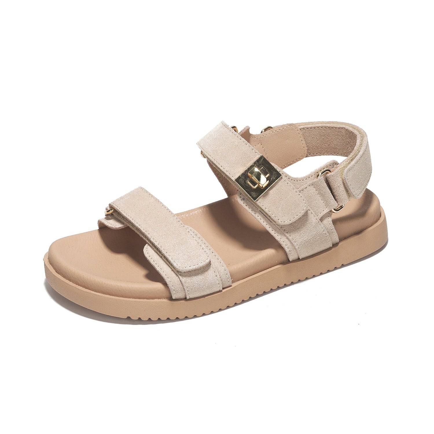 Project Cloud Mona women's leather sandals in beige, adjustable straps, memory foam footbed, and gold hardware