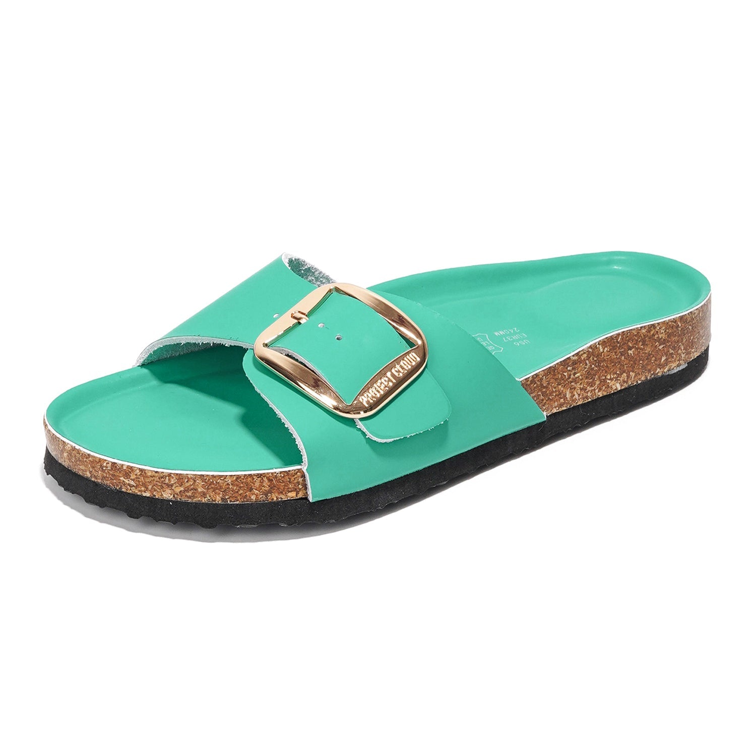 Project Cloud Mykonos leather sandals with green leather, gold buckle, cork footbed for summer beach wear.