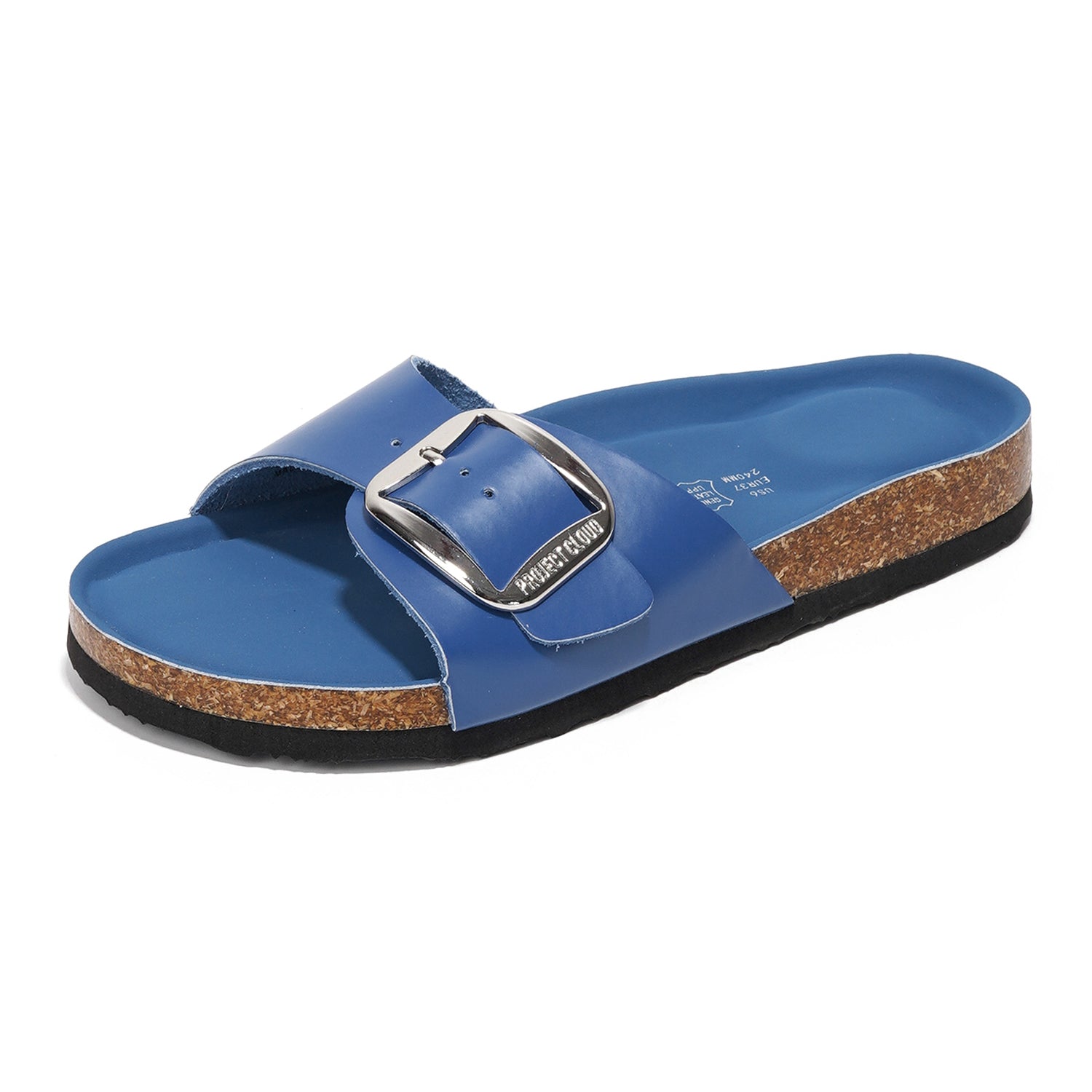 Project Cloud Mykonos blue leather sandals with silver buckle and cork footbed, summer beach essentials.