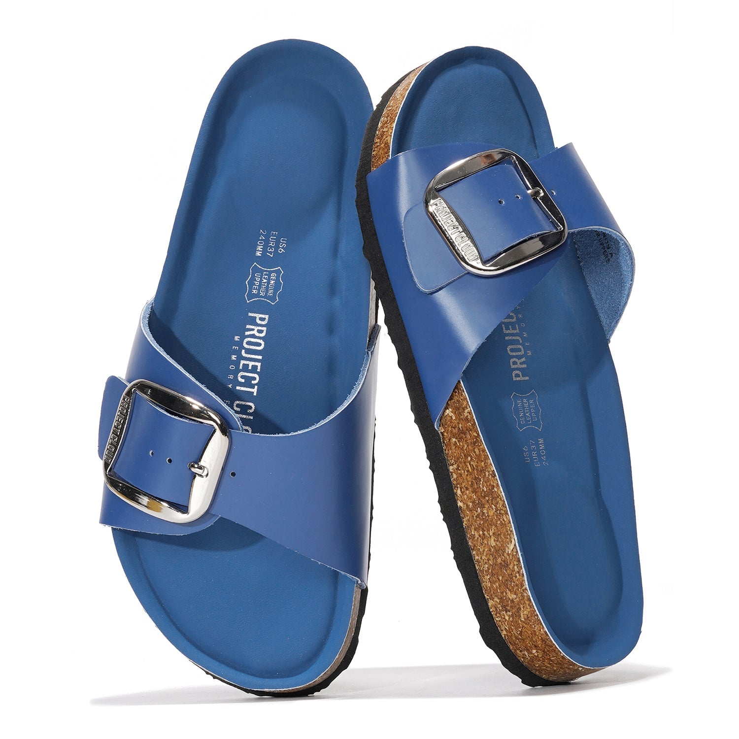 Project Cloud Mykonos leather sandals in blue with buckle, cork footbed, summer beach footwear.