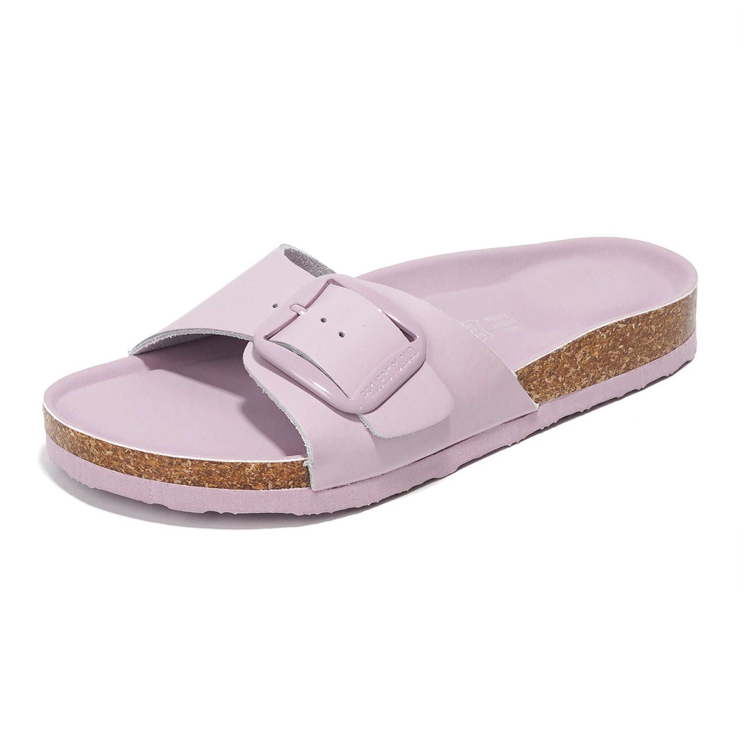Project Cloud Mykonos leather sandals in light purple with a large buckle, cork footbed for summer beach