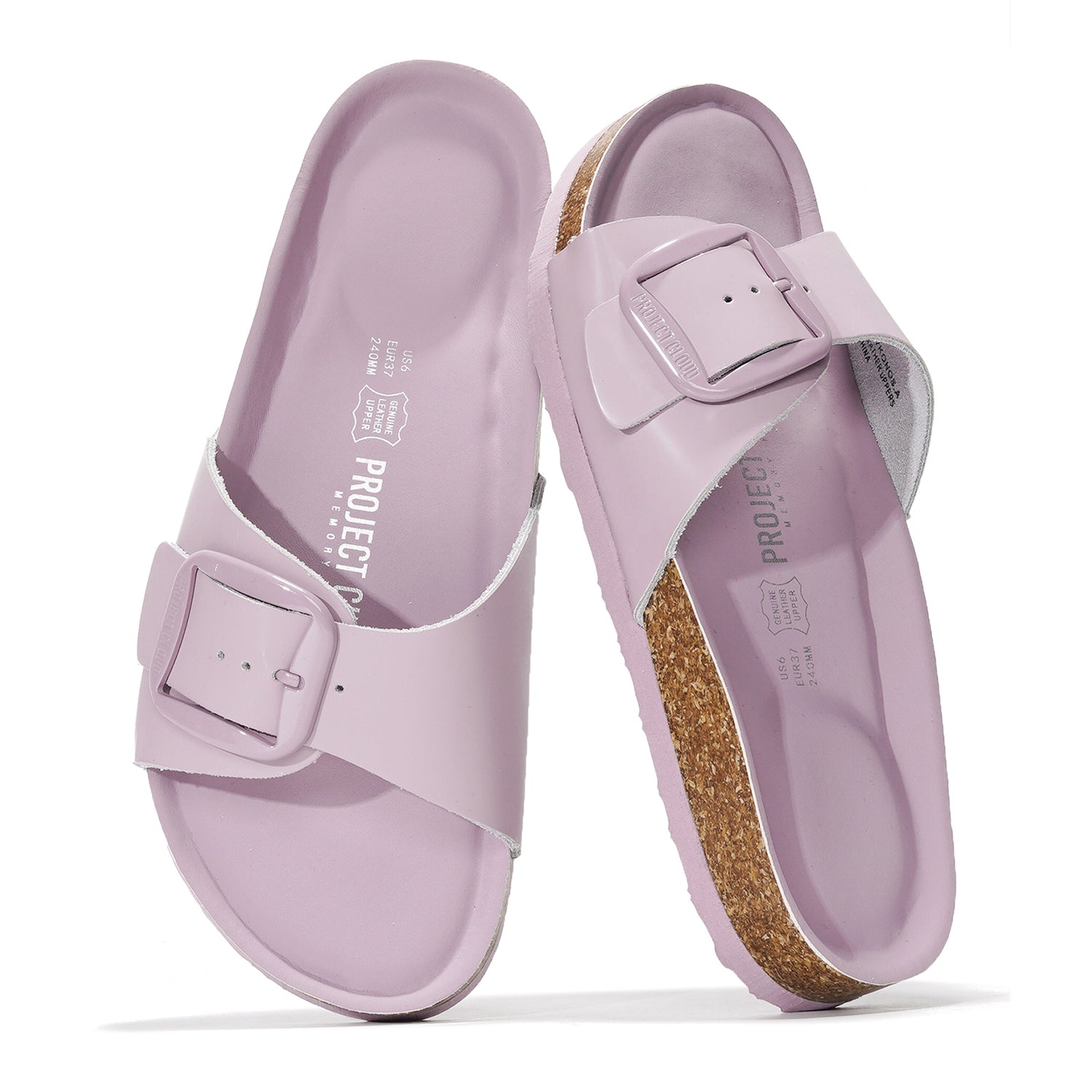 Project Cloud Mykonos leather sandals in light purple with buckle, cork footbed, perfect for summer beach.
