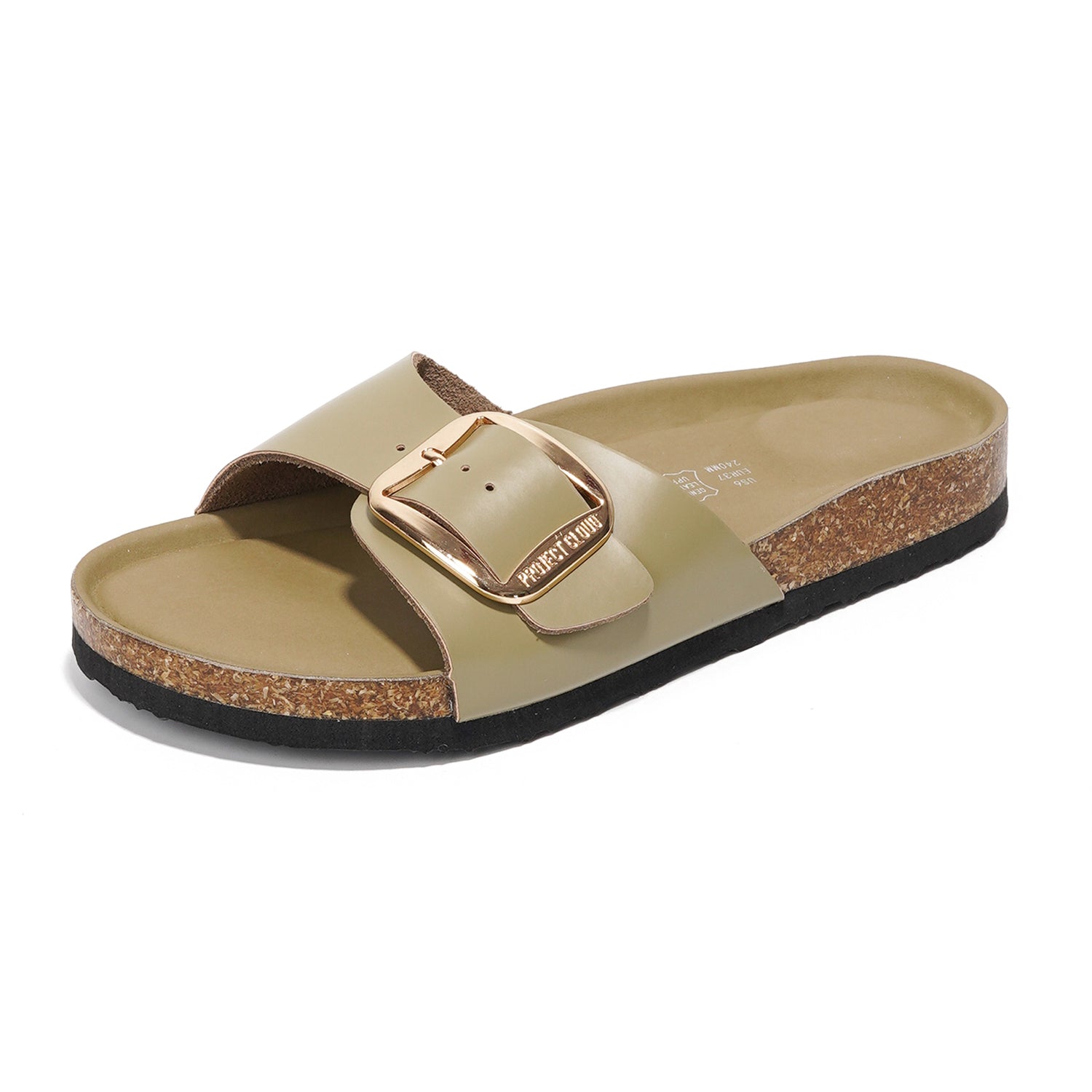 Project Cloud Mykonos olive green leather sandals with gold buckle and cork footbed, perfect summer beach footwear