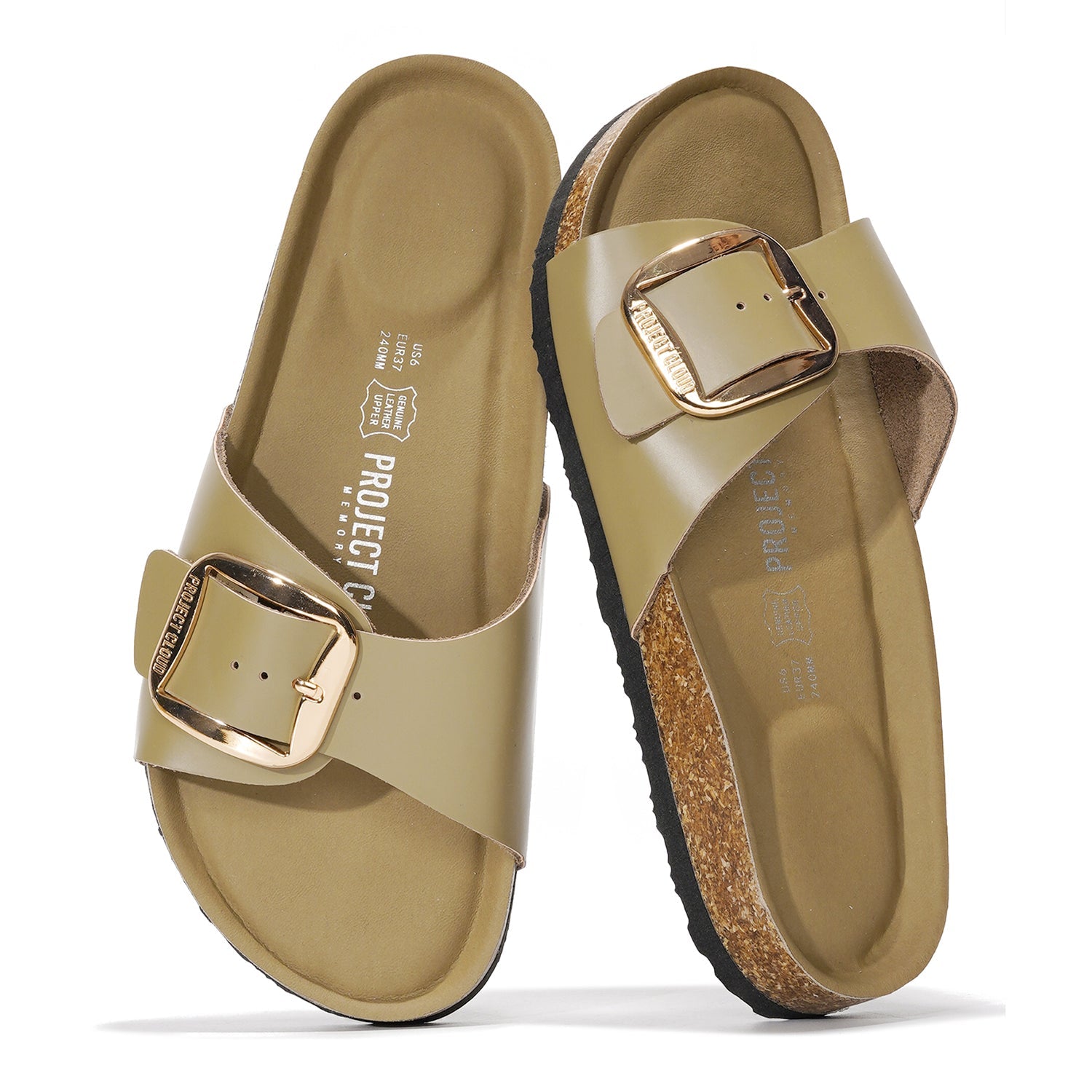Project Cloud Mykonos Leather Sandals in olive green featuring gold buckle, cork footbed, perfect for summer beach.