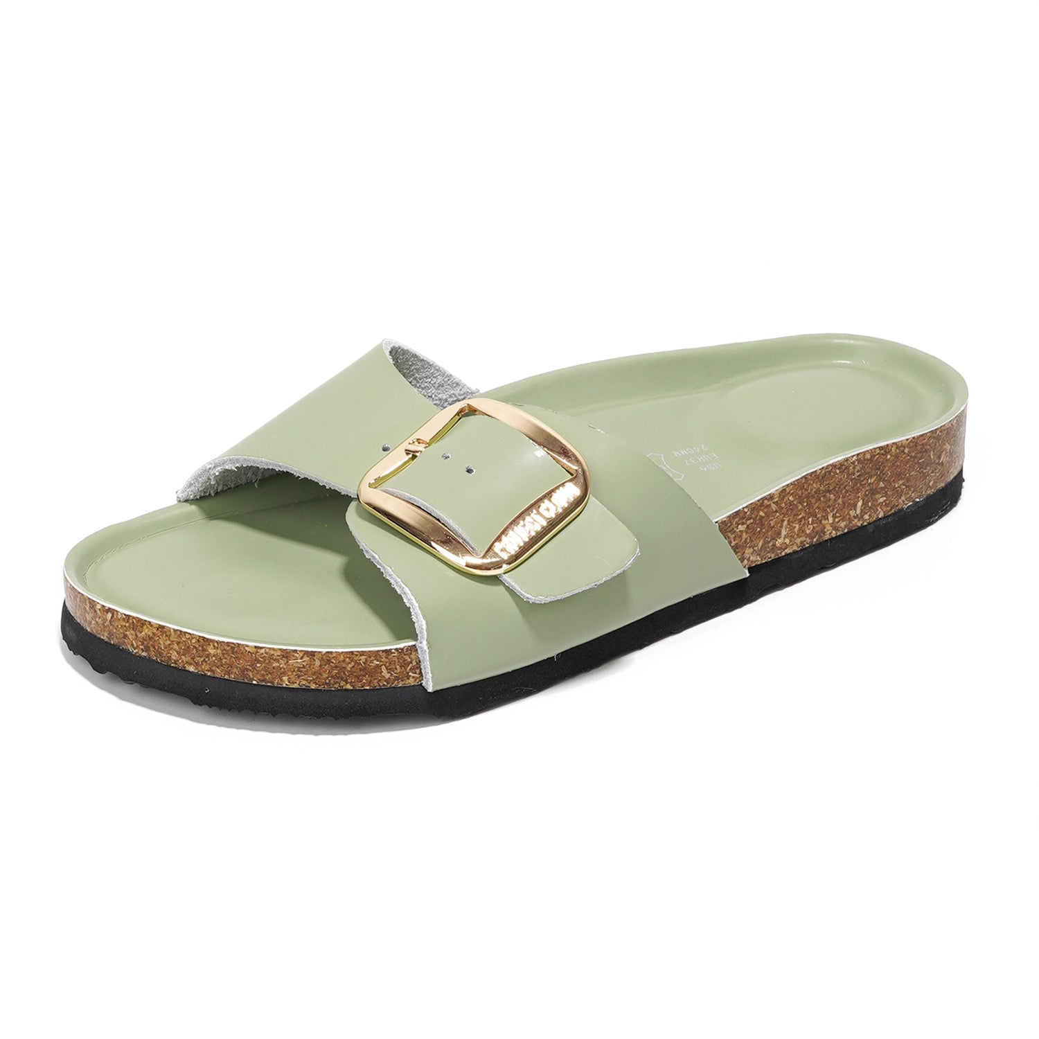 Project Cloud Mykonos olive green leather sandals with gold buckle and cork footbed, perfect for summer beach.