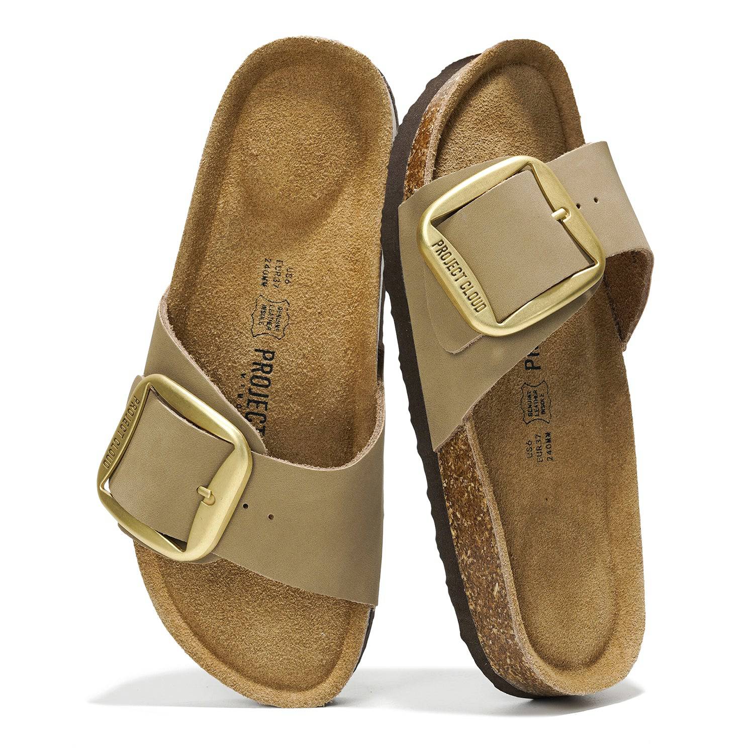 Project Cloud Mykonos leather sandals with suede insole and cork footbed, featuring a buckle.