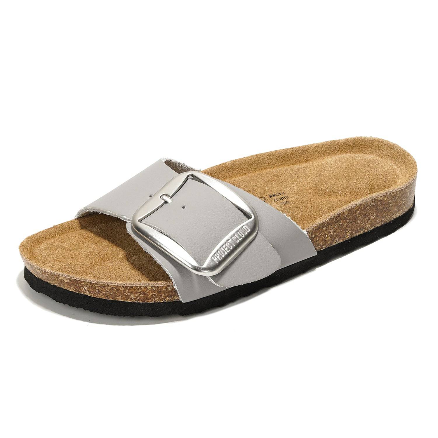 Project Cloud Mykonos leather sandals in gray with a large silver buckle, cork footbed, perfect for summer.