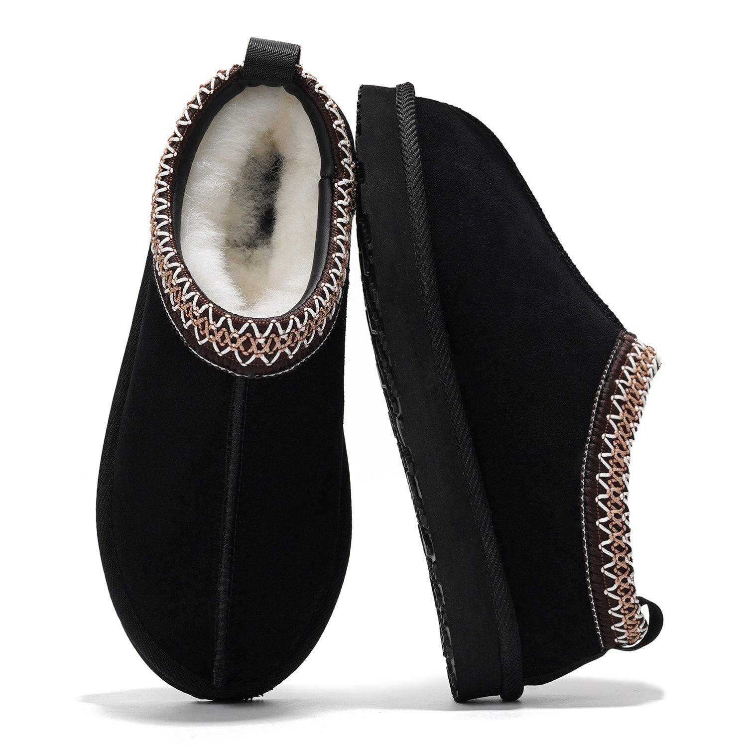 Project Cloud Nerita Black Slipper. Genuine sheepskin and shearling fur fuzzy women's slipper, memory foam.