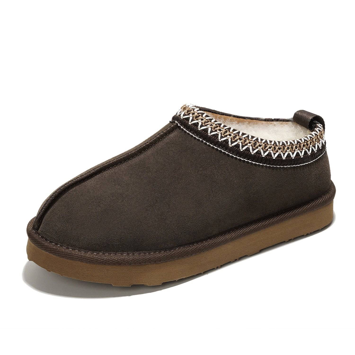 Project Cloud Nerita Slipper in Brown: Genuine sheepskin fuzzy slipper with memory foam and decorative trim.
