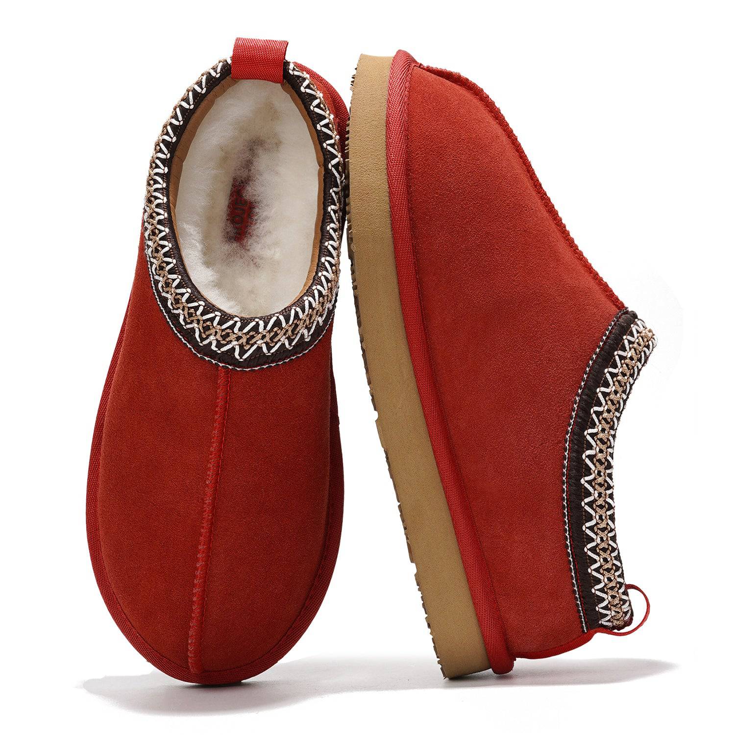 Project Cloud Nerita Slipper in Red: Genuine sheepskin fur fuzzy women's slipper, memory foam for comfort