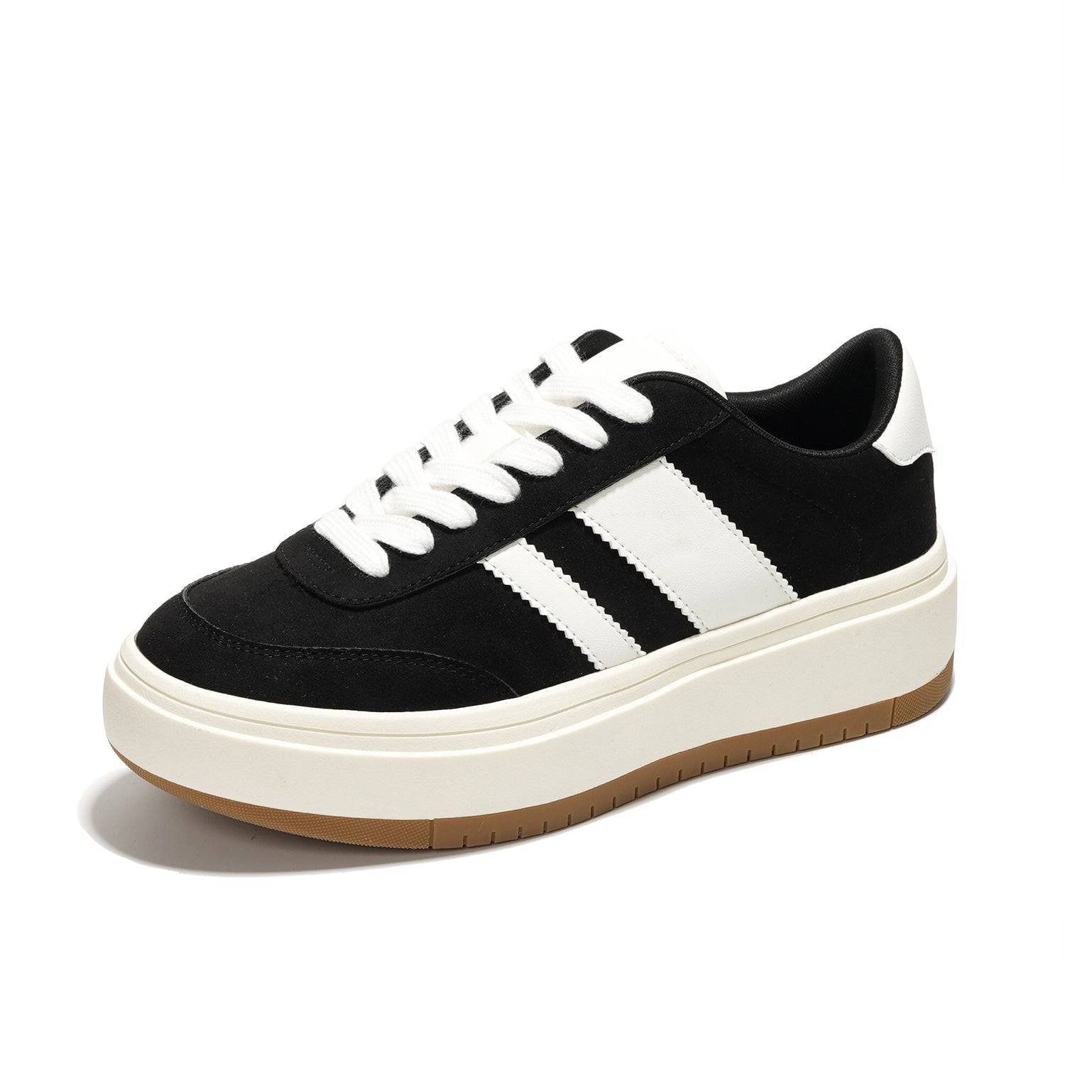 Nita women's black platform sneakers with white stripes, lace-up style, memory foam insole for comfort.