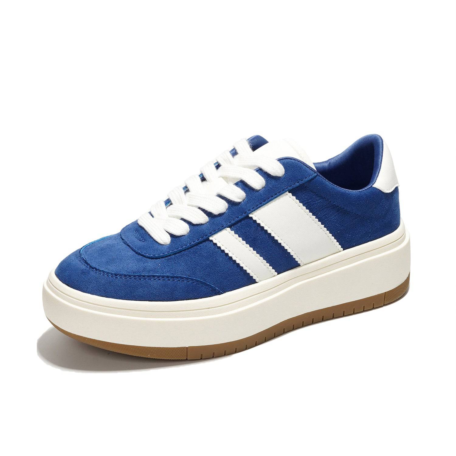 Blue Nita platform sneakers with white stripes, suede, lace-up style, cushioned insole, for women.