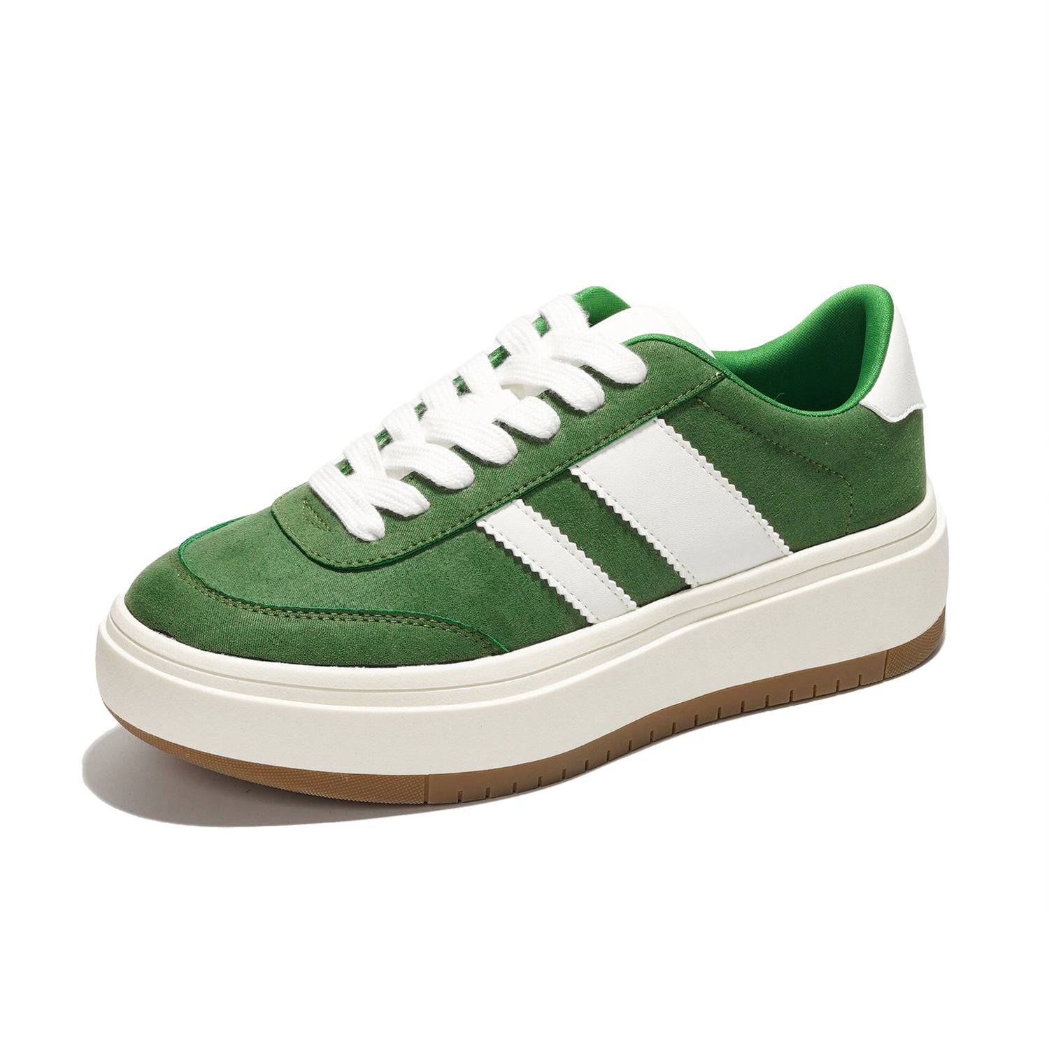 Green Nita platform sneakers with white stripes, suede, lace-up, perfect for women's daily wear.