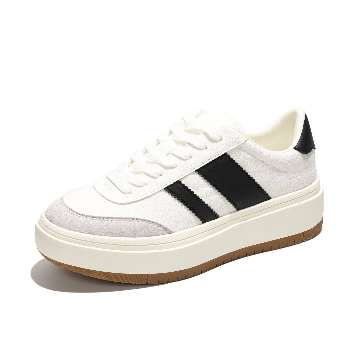 Nita women's white sneakers with black stripes, platform sole, and cushioned insole, perfect for women's daily wear.