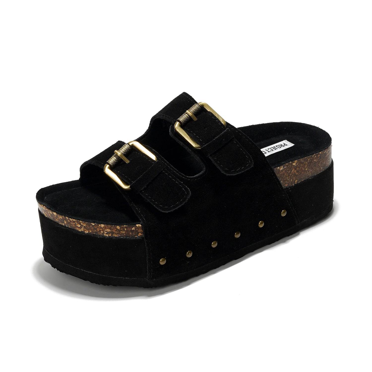 Project Cloud Oliy Black Suede Leather Platform Sandals with Cork Wedge and Adjustable Brass Buckles