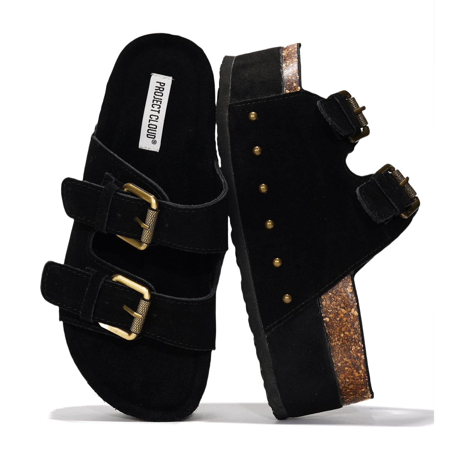 Project Cloud Oliy Black Suede Leather Platform Sandals with Cork Wedge and Adjustable Buckles