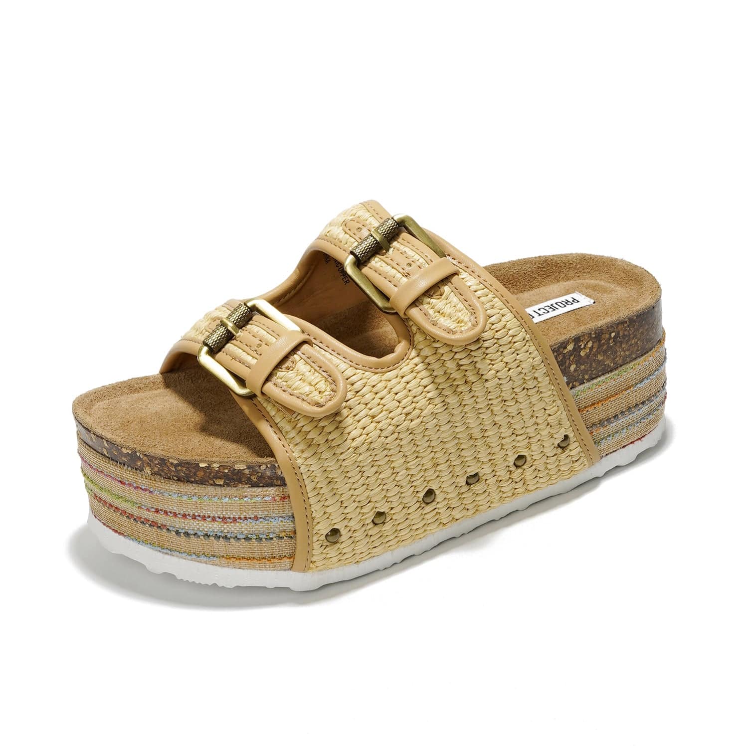 Project Cloud Oliy Women's Platform Sandals. Beige raffia upper, cork wedge sole, and adjustable brass buckle straps.