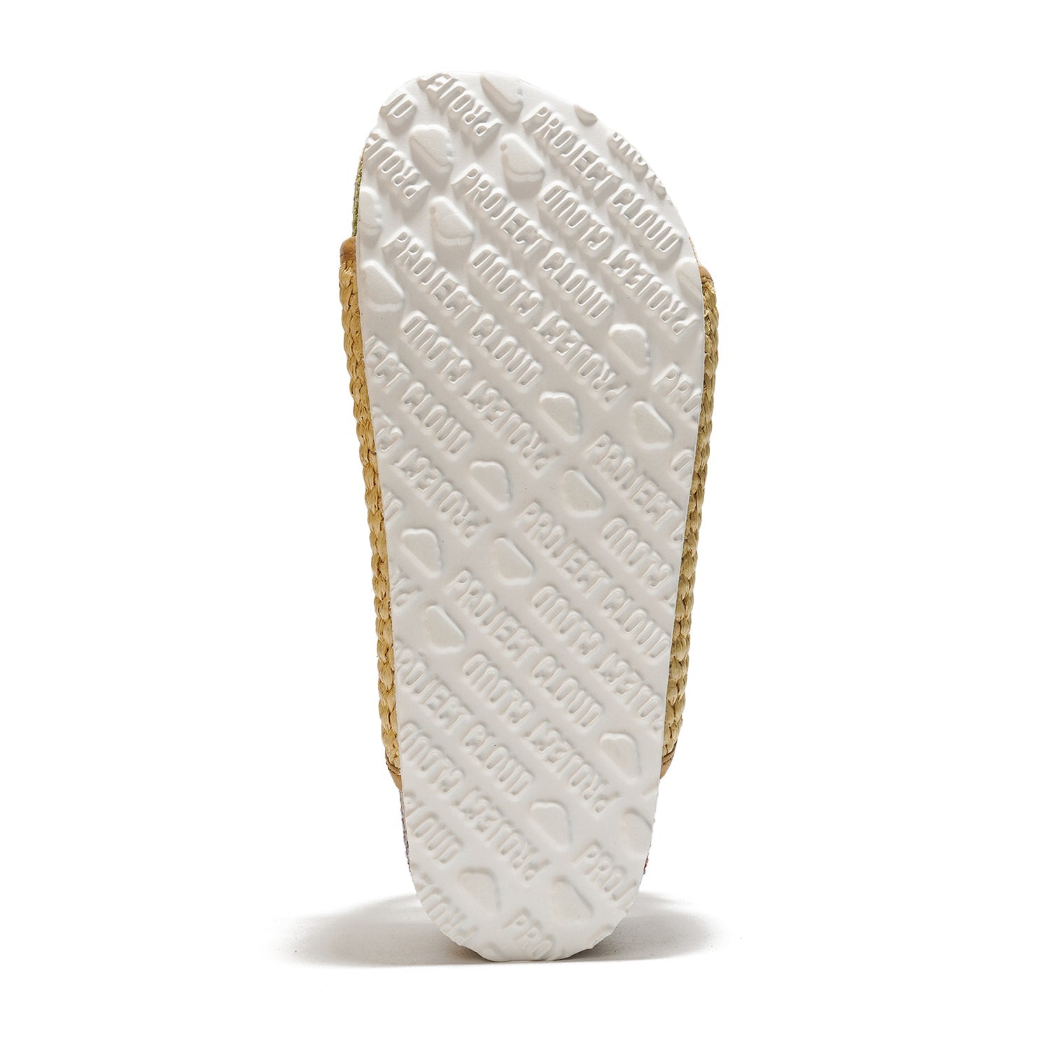 Project Cloud Oliy platform sandal sole, featuring "Project Cloud" branding on the white rubber and natural raffia.